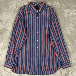 Tommy Hilfiger Mens XL Striped Button Down Shirt Navy Red 80s 2-Ply Fabric
